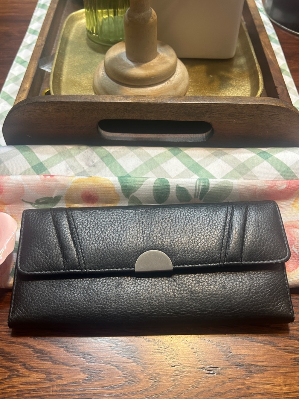Elegant Black Leather Long Wallet with Silver Accent